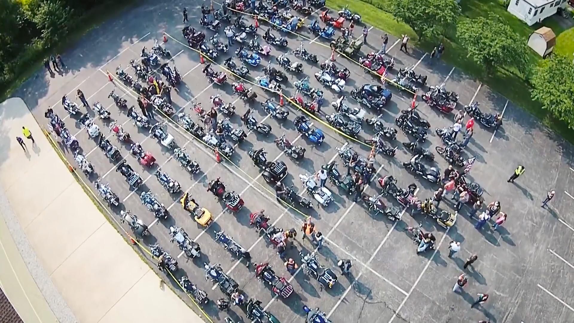Drone shot of multiple motorcycles lined up to begin Kernan's Heroes Ride in 2016